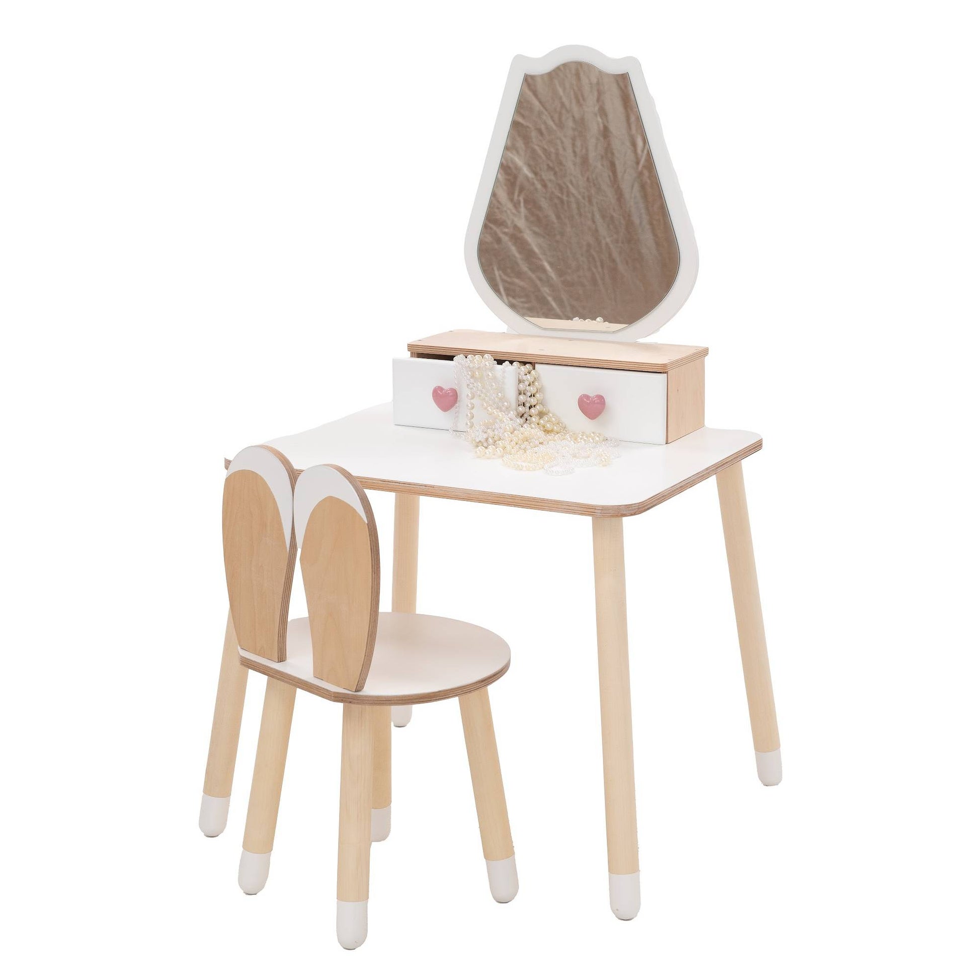 Kinder Schminktisch Set aus Holz mit Spiegel und Stuhl