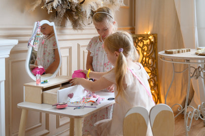Kinder Schminktisch Set aus Holz mit Spiegel und Stuhl