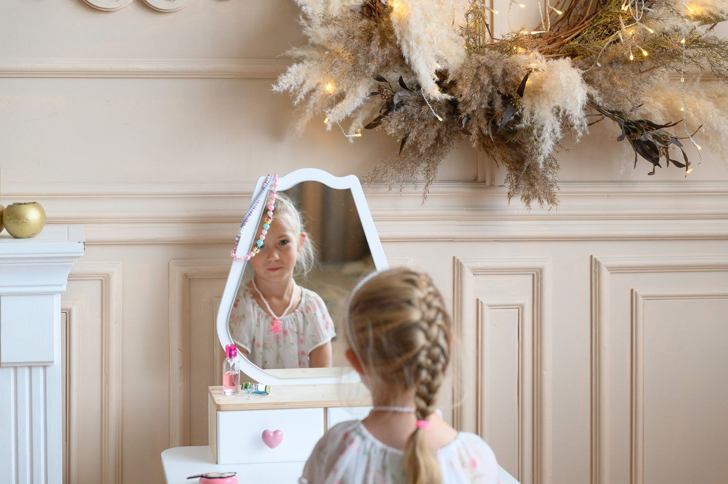 Kinder Schminktisch Set aus Holz mit Spiegel und Stuhl