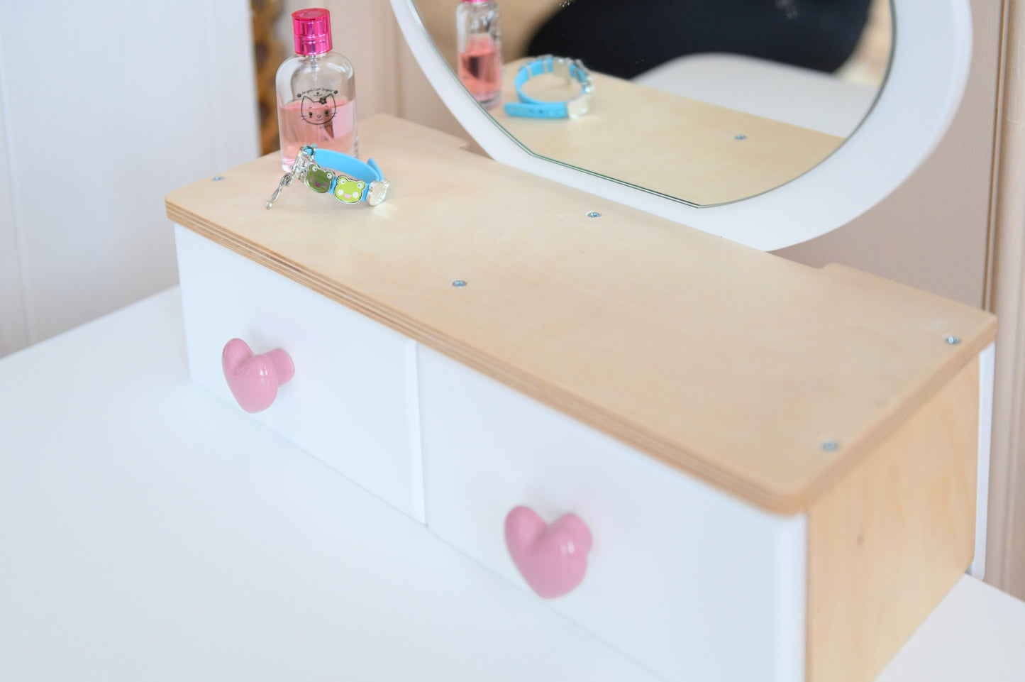 Kinder Schminktisch Set aus Holz mit Spiegel und Stuhl