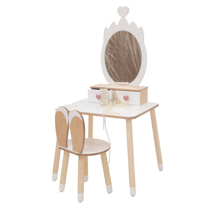 Kinder Schminktisch Set aus Holz mit Spiegel und Stuhl