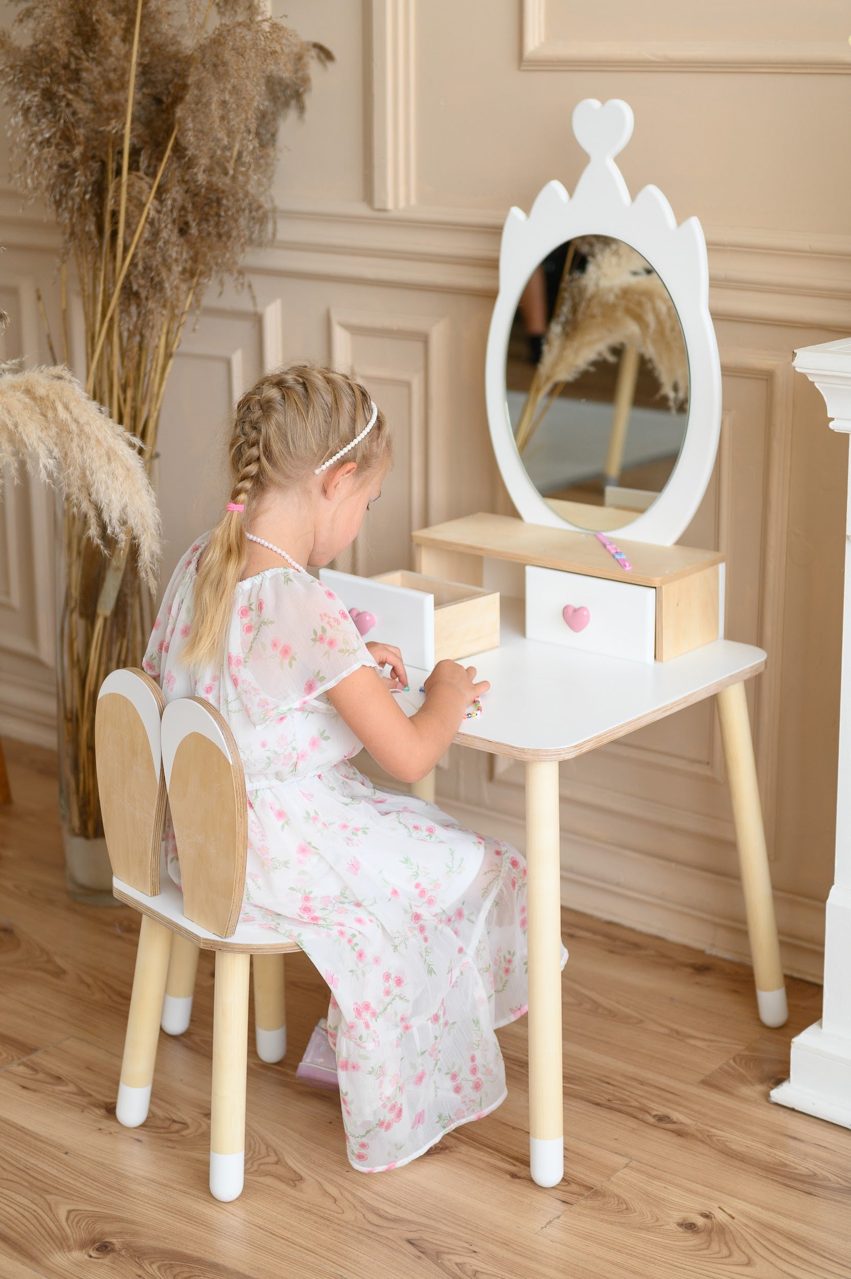 Kinder Schminktisch Set aus Holz mit Spiegel und Stuhl