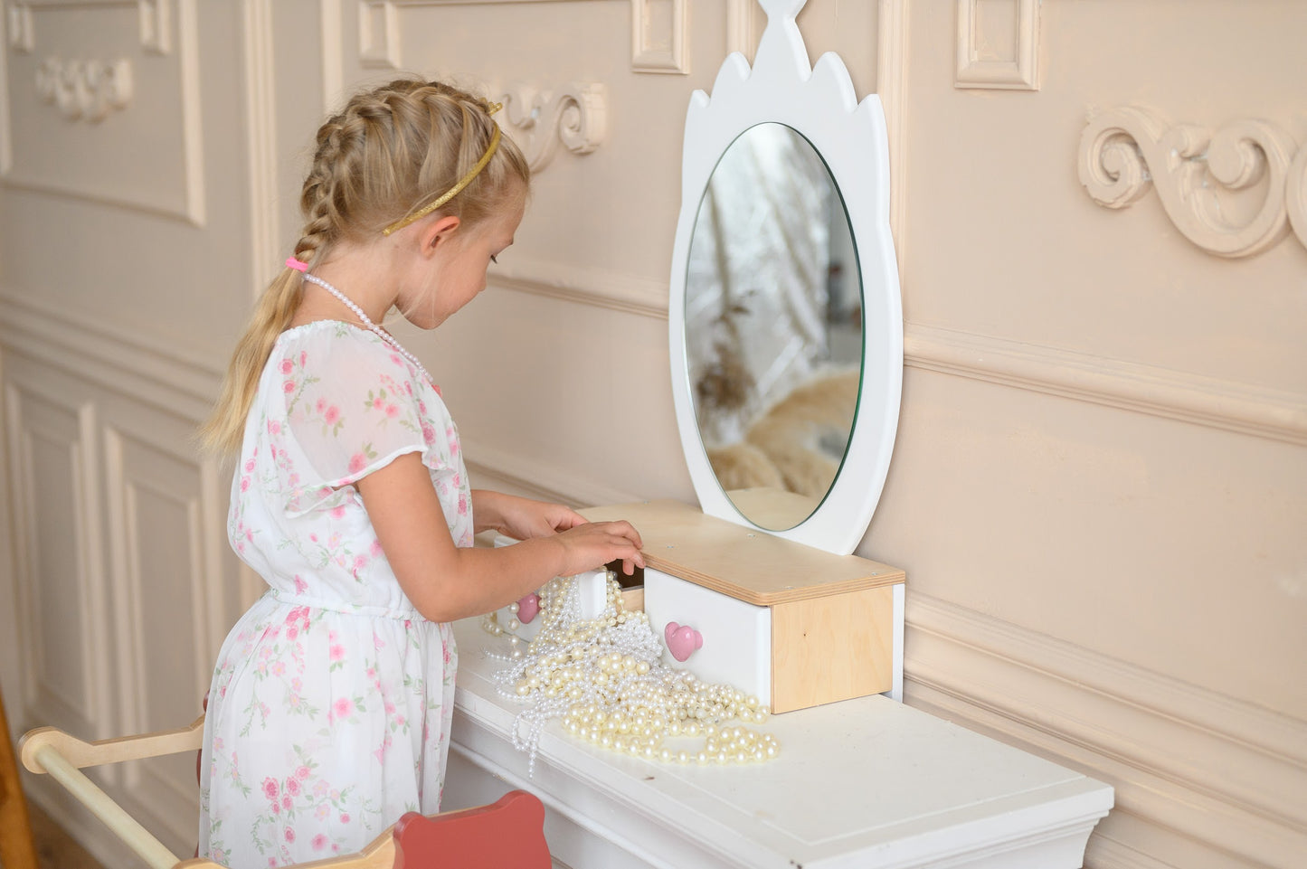 Kinder Schminktisch Set aus Holz mit Spiegel und Stuhl