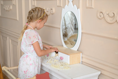 Kinder Schminktisch Set aus Holz mit Spiegel und Stuhl