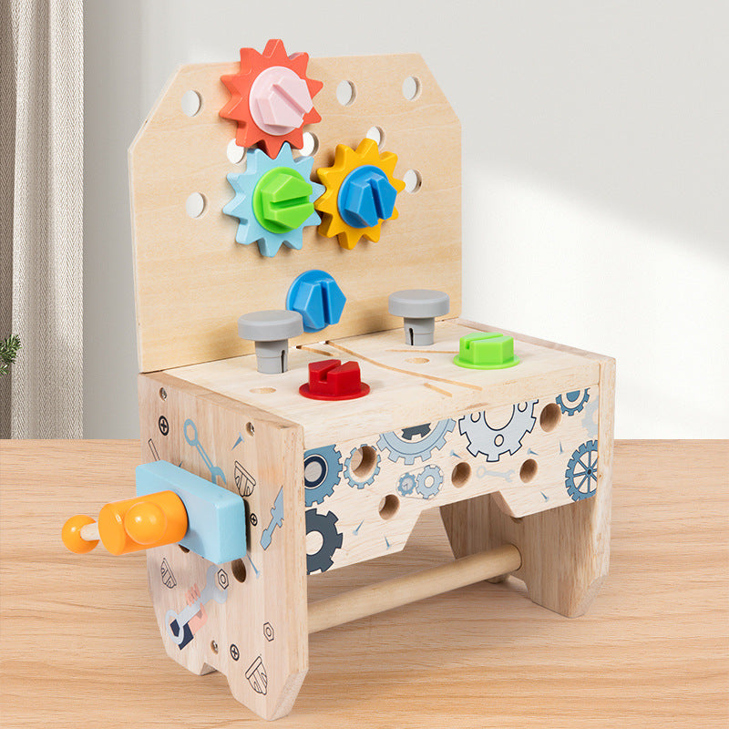 Kinder Schraub-Werkbank aus Holz 3-in-1 mit Muttern und Zahnrädern