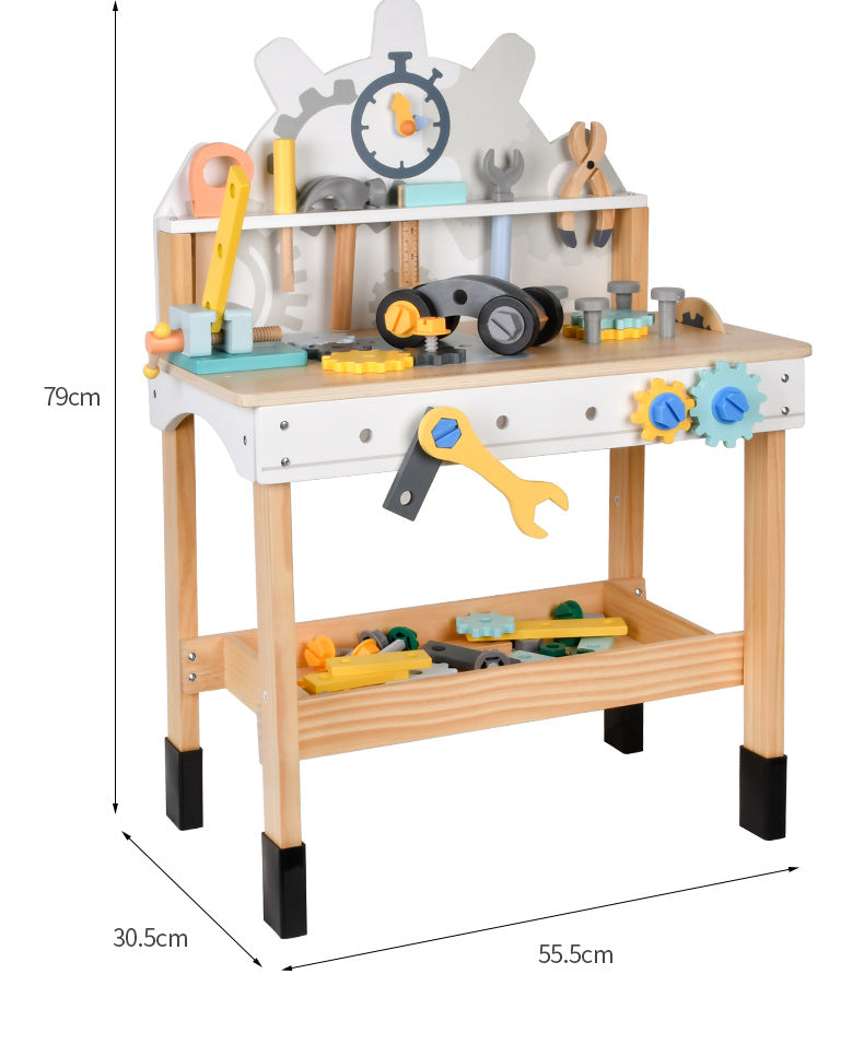 Große Kinder Werkbank aus Holz mit Werkzeugen und Zahnrädern