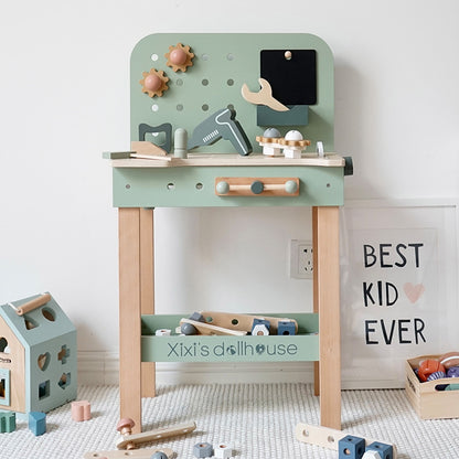 Kinder Werkzeugtisch aus Holz mit Schraubsystem und Zahnrädern