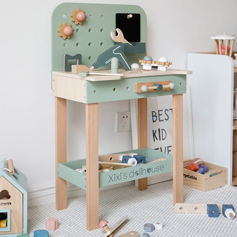 Kinder Werkzeugtisch aus Holz mit Schraubsystem und Zahnrädern