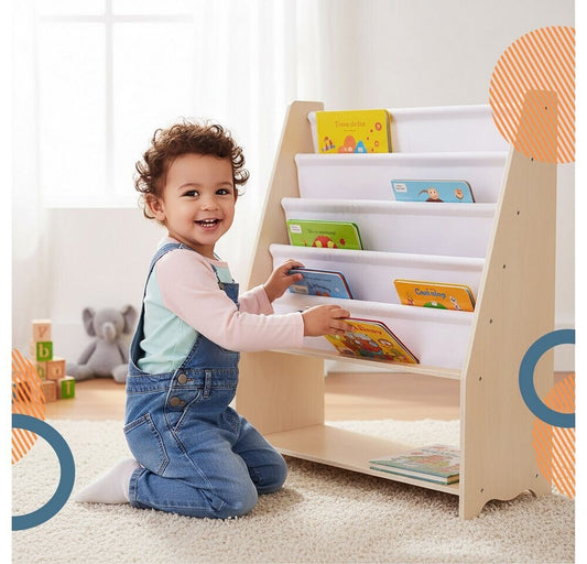 Kind nutzt Montessori Bücherregal in der eigenen Leseecke