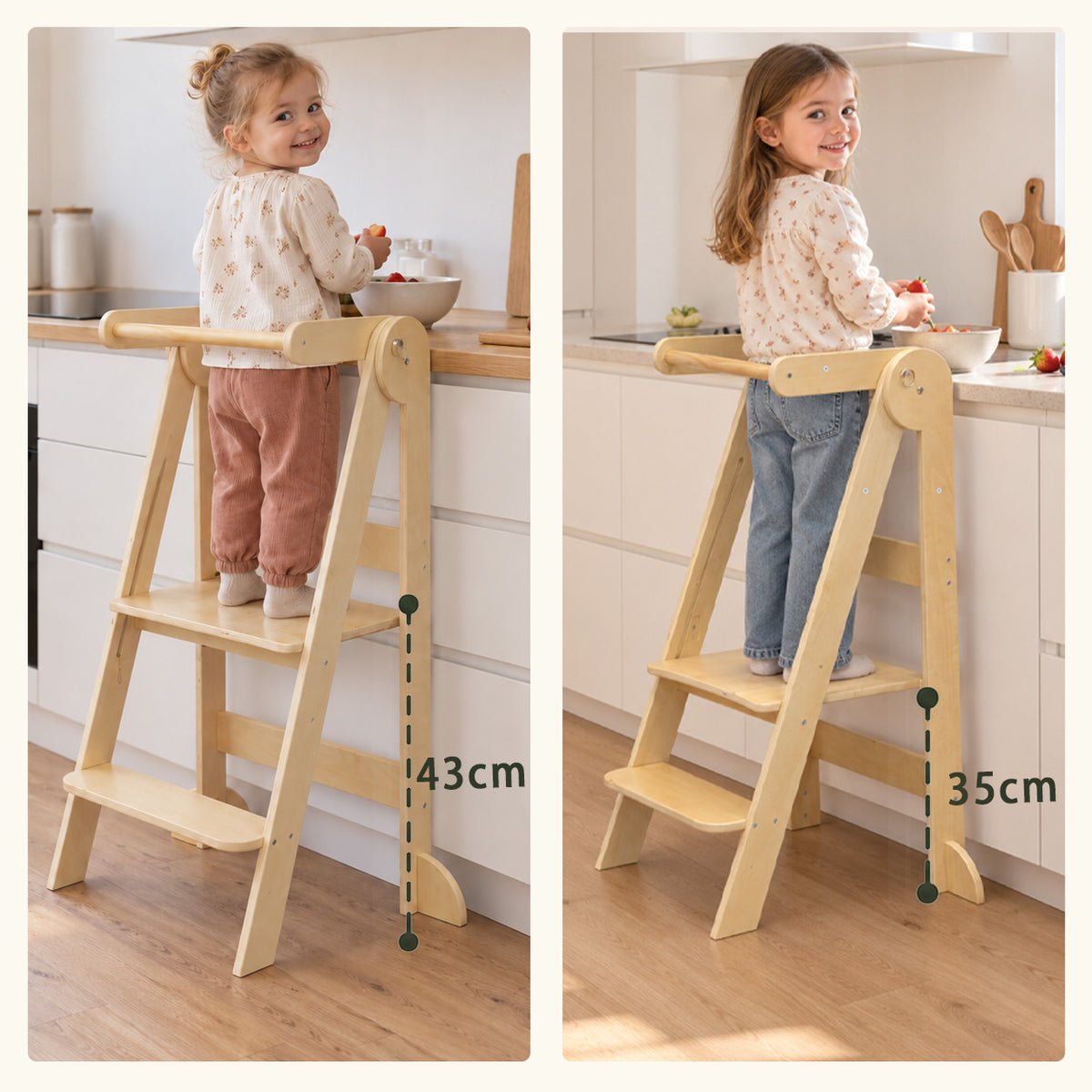 Klappbarer Lernturm mit zwei Plattformhöhen von 35 cm und 43 cm für unterschiedlich große Kinder