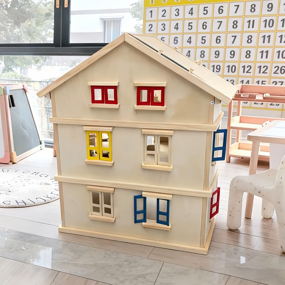 Großes Holz Puppenhaus 3 Etagen mit Möbeln für Kinder