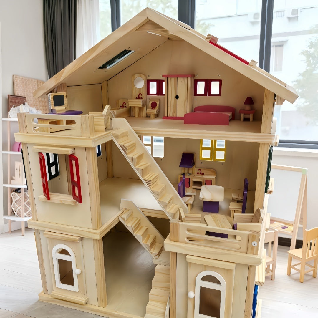 Großes Holz Puppenhaus 3 Etagen mit Möbeln für Kinder