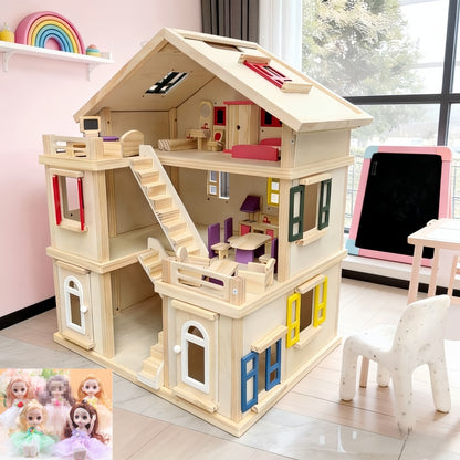 Großes Holz Puppenhaus 3 Etagen mit Möbeln für Kinder