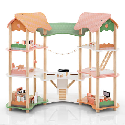 Großes Puppenhaus Holz – Spielwelt mit Brücke & 3 Etagen