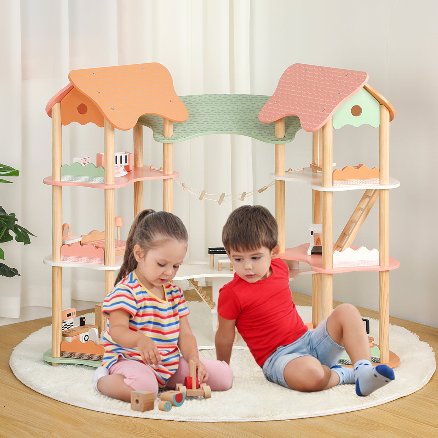 Großes Puppenhaus Holz – Spielwelt mit Brücke & 3 Etagen