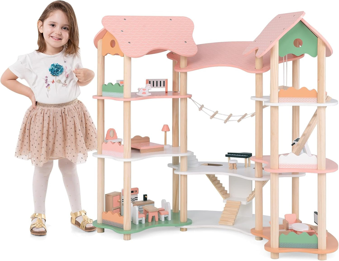 Großes Puppenhaus Holz – Spielwelt mit Brücke & 3 Etagen