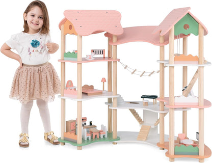 Großes Puppenhaus Holz – Spielwelt mit Brücke & 3 Etagen