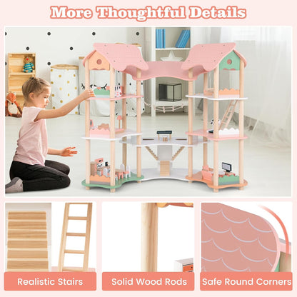 Großes Puppenhaus Holz – Spielwelt mit Brücke & 3 Etagen