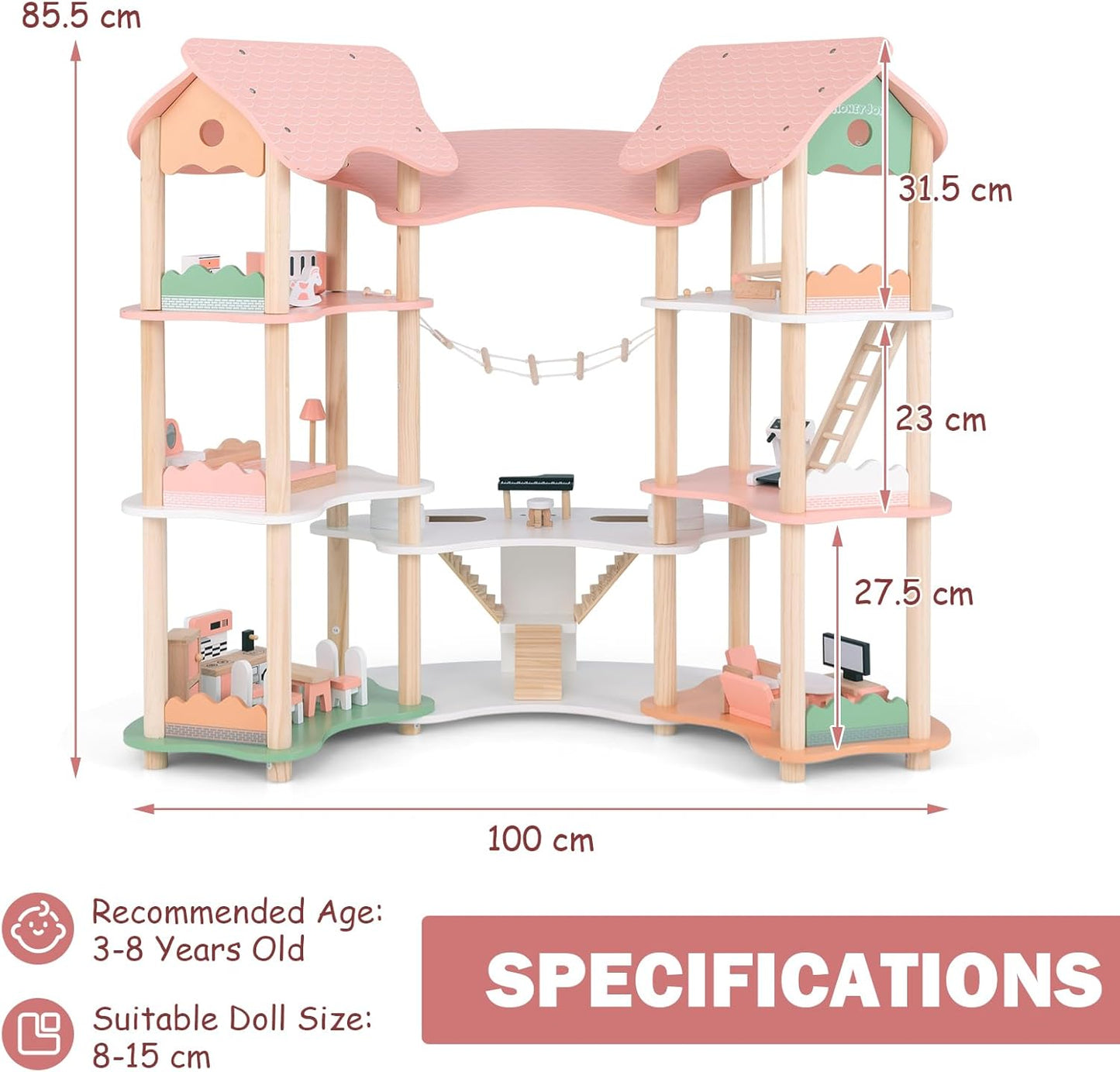 Großes Puppenhaus Holz – Spielwelt mit Brücke & 3 Etagen