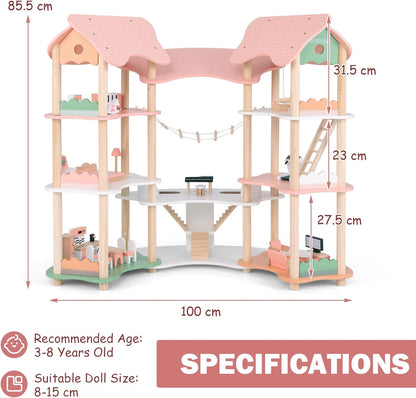 Großes Puppenhaus Holz – Spielwelt mit Brücke & 3 Etagen