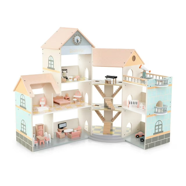 Großes Puppenhaus Holz Eckhaus mit Treppe 3 Etagen Kinder Spielhaus
