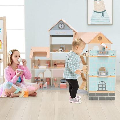 Großes Puppenhaus Holz Eckhaus mit Treppe 3 Etagen Kinder Spielhaus