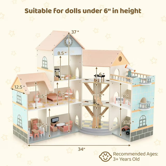 Großes Puppenhaus Holz Eckhaus mit Treppe 3 Etagen Kinder Spielhaus