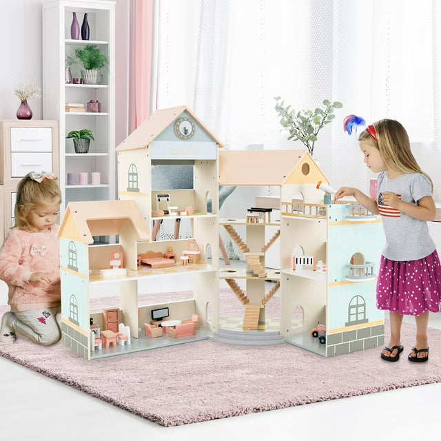 Großes Puppenhaus Holz Eckhaus mit Treppe 3 Etagen Kinder Spielhaus