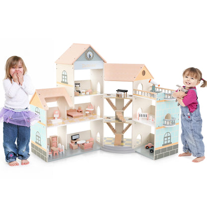 Großes Puppenhaus Holz Eckhaus mit Treppe 3 Etagen Kinder Spielhaus