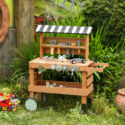 Große Kinder Werkbank aus Holz mit Rädern im Gartenstil