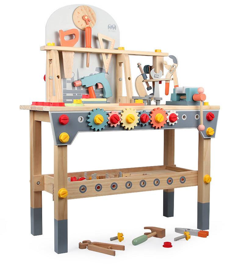 Grote houten kinderwerkbank – gereedschapstafel van 68 cm met tandwielen en schroefsysteem