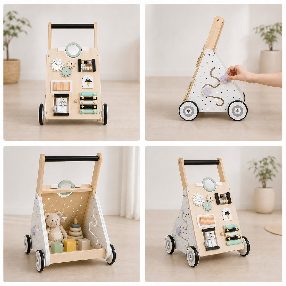 Eltern-Kind-Interaktion mit Montessori Lauflernwagen und Motorikspielzeug