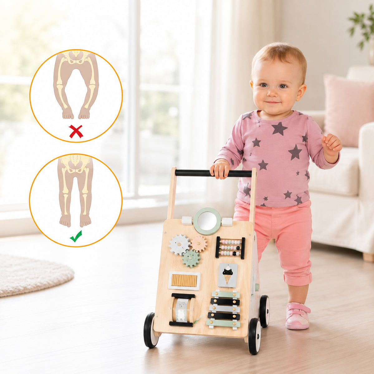 Montessori Lauflernwagen aus Holz mit Vorderseite, Seitenansicht und Stauraum