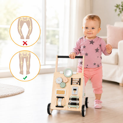Montessori Lauflernwagen aus Holz mit Vorderseite, Seitenansicht und Stauraum