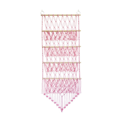 Makramee Wand-Organizer für Spielzeug, 4 Ebenen, 52×130 cm, Variante Regenbogen – handgeknüpft aus Baumwollseil mit Kiefernholzstäben