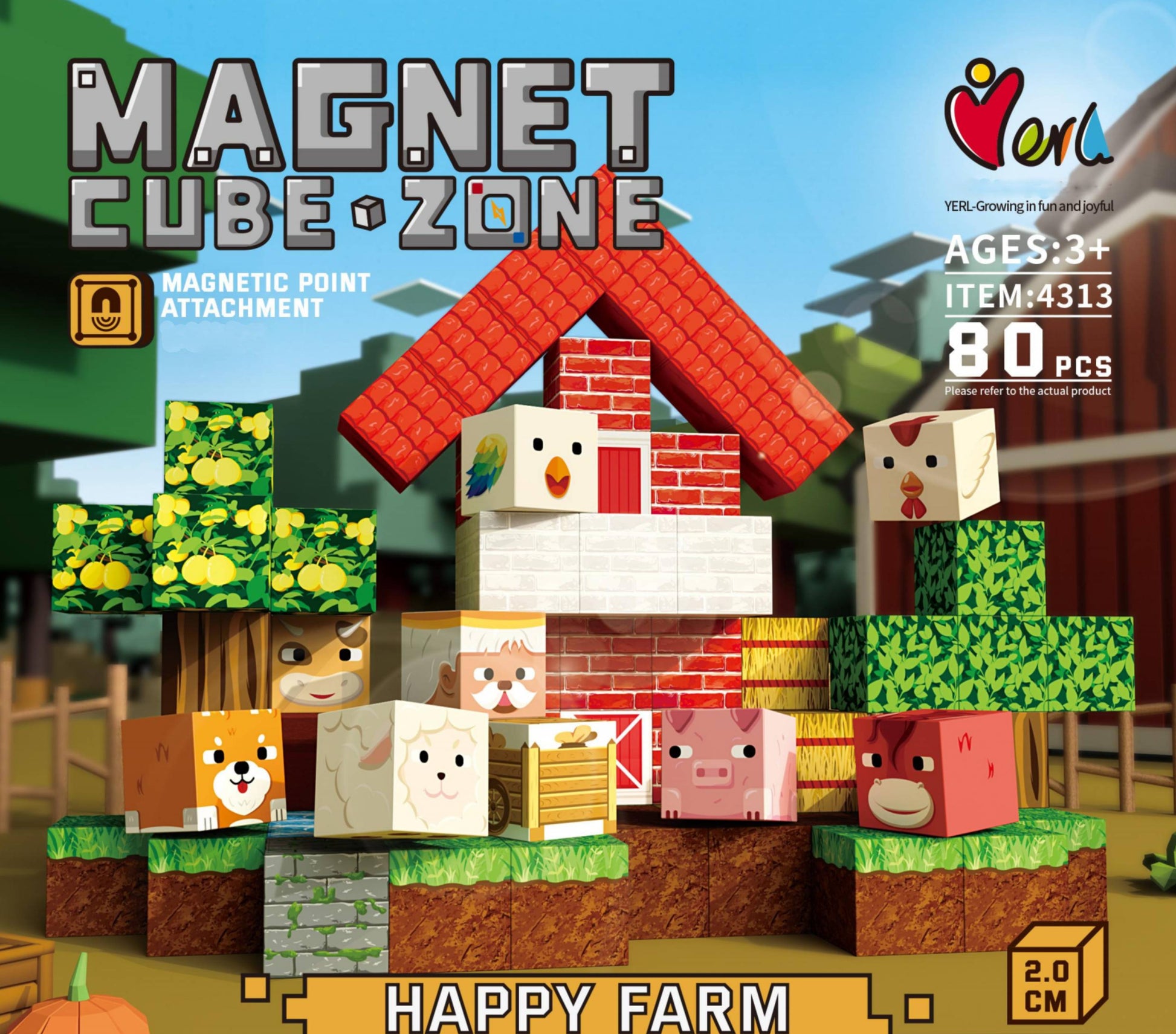 Magnetbausteine Bauernhof Welt 2 cm mit Tierwelt und Bauernhof Landschaft