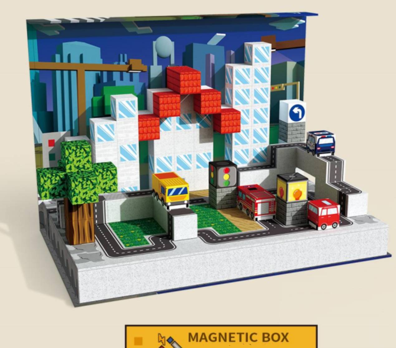 Magnetische Bausteine Straßenwelt mit Autos und Stadtgebäuden