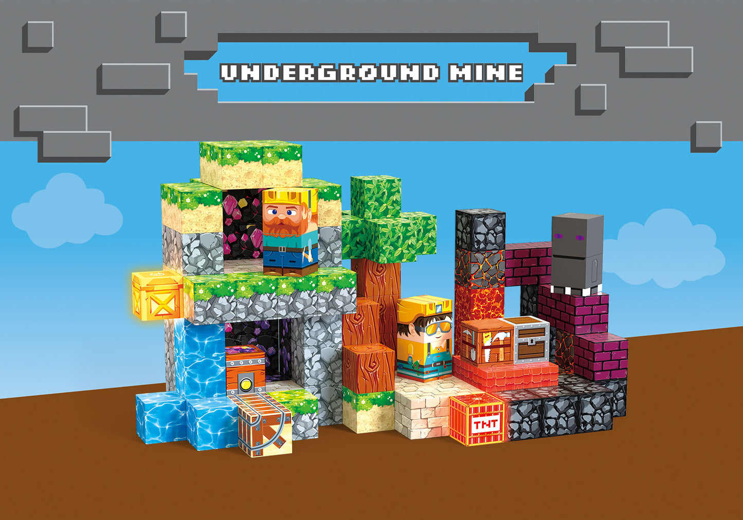 Magnetbausteine Underground Mine in Pixel-Optik für kreatives Rollenspiel