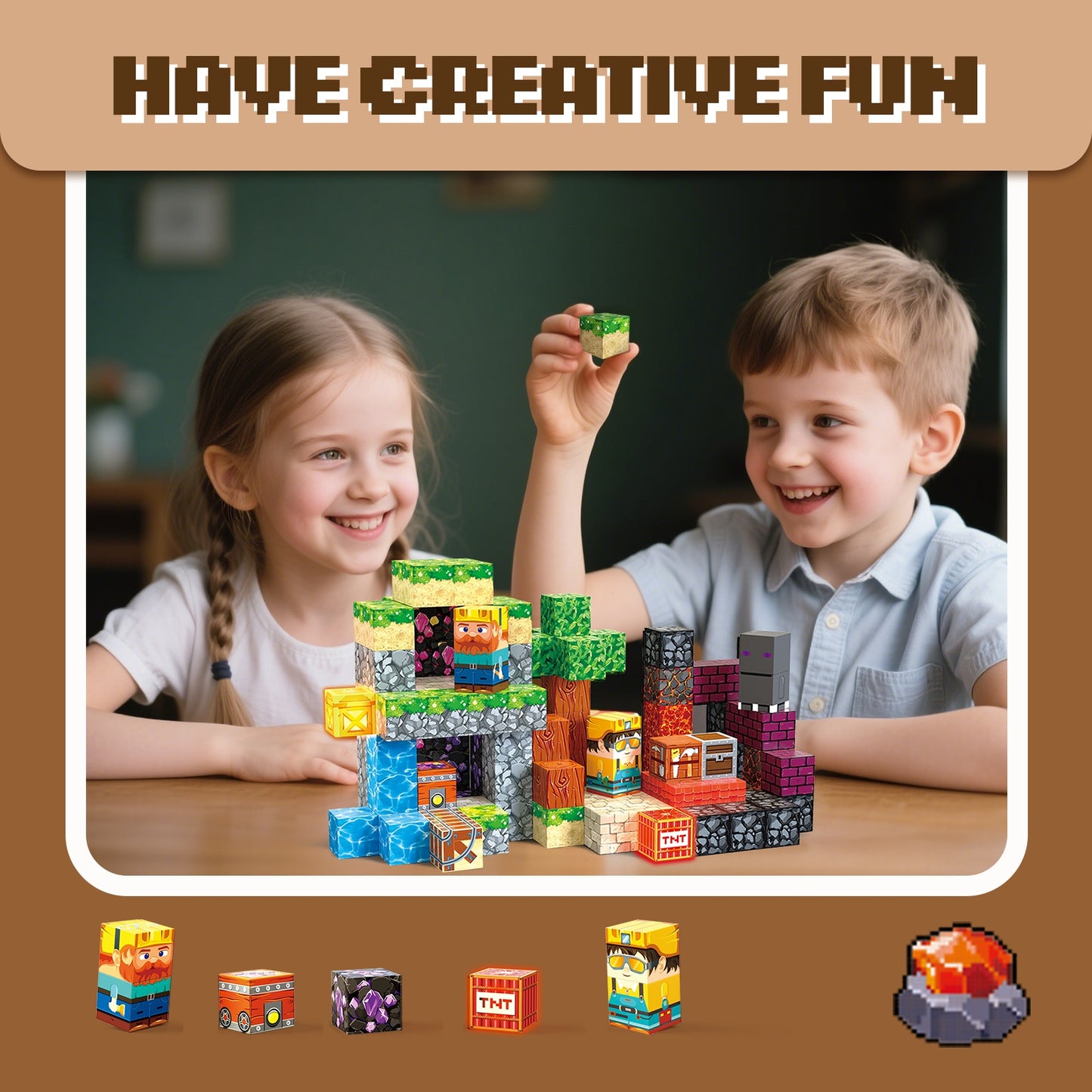 Kinder spielen mit Magnetwürfeln und bauen fantasievolle Abenteuerlandschaften