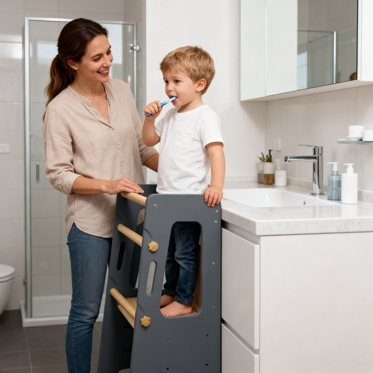 Modern wooden Montessori stool for child independence at home