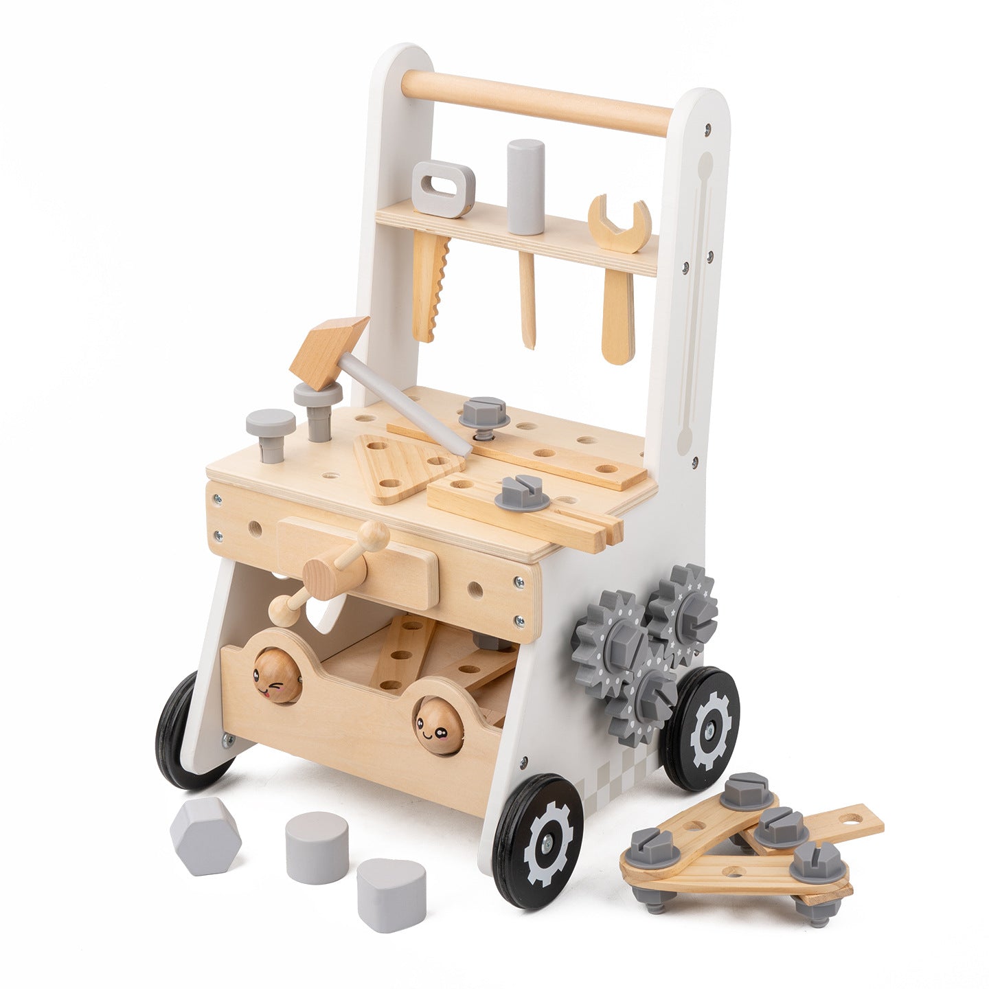 Chariot à pousser Montessori en bois – jouet 2-en-1 avec éléments de jeu