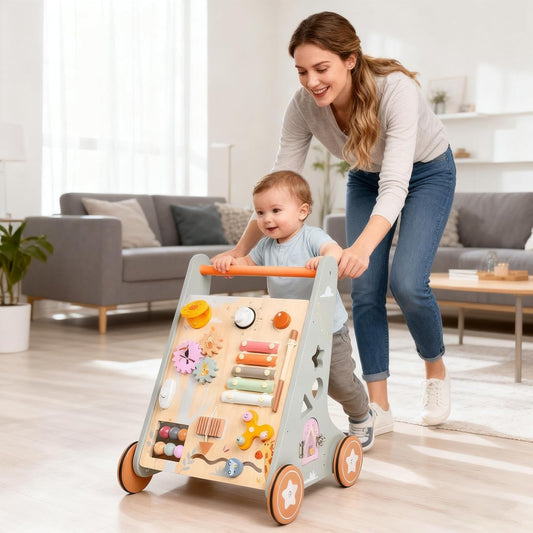 Montessori Schiebewagen aus Holz – Spielzeug mit Xylophon & Spielelementen