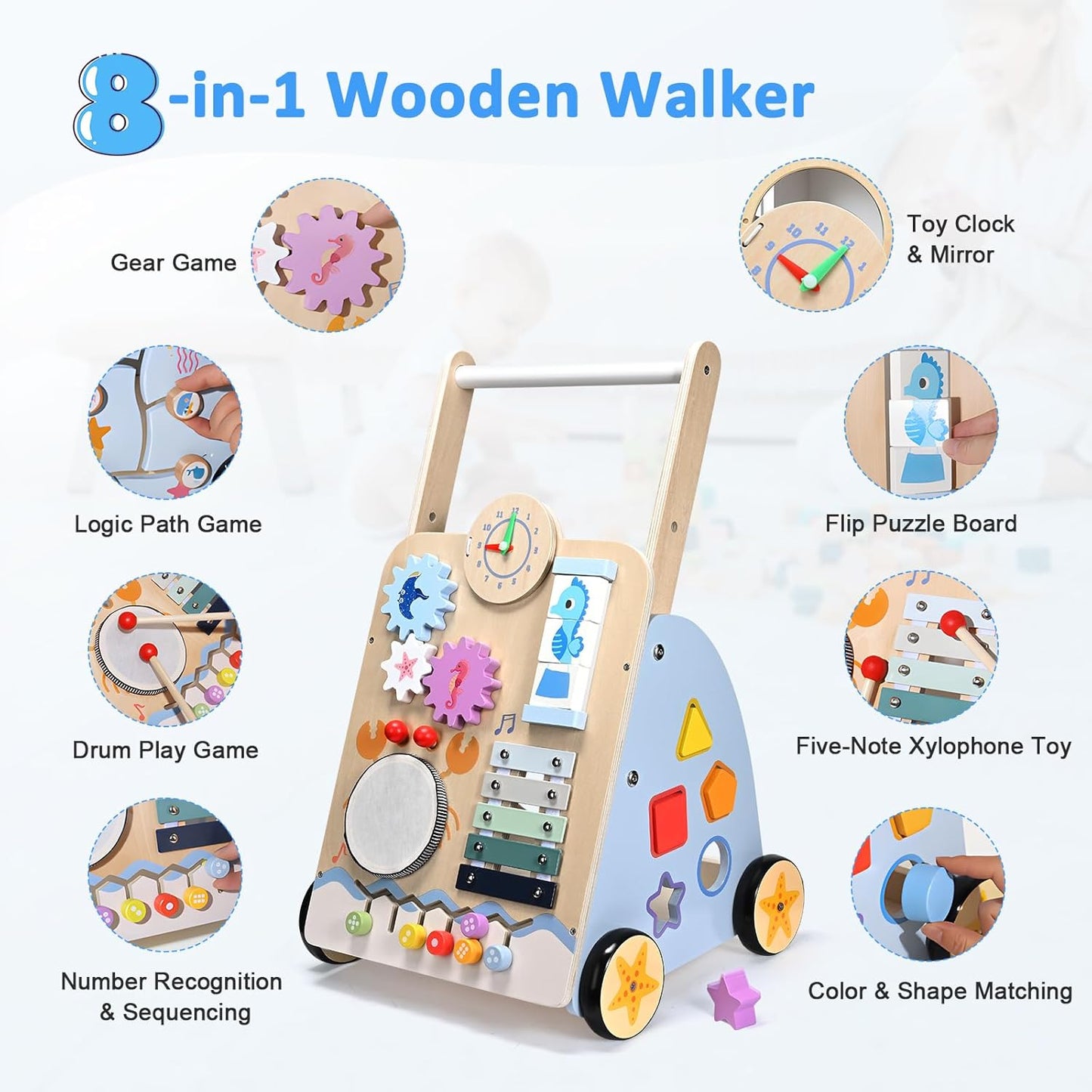 Montessori Lauflernwagen Holz Baby Motorikwagen mit Trommel und Xylophon
