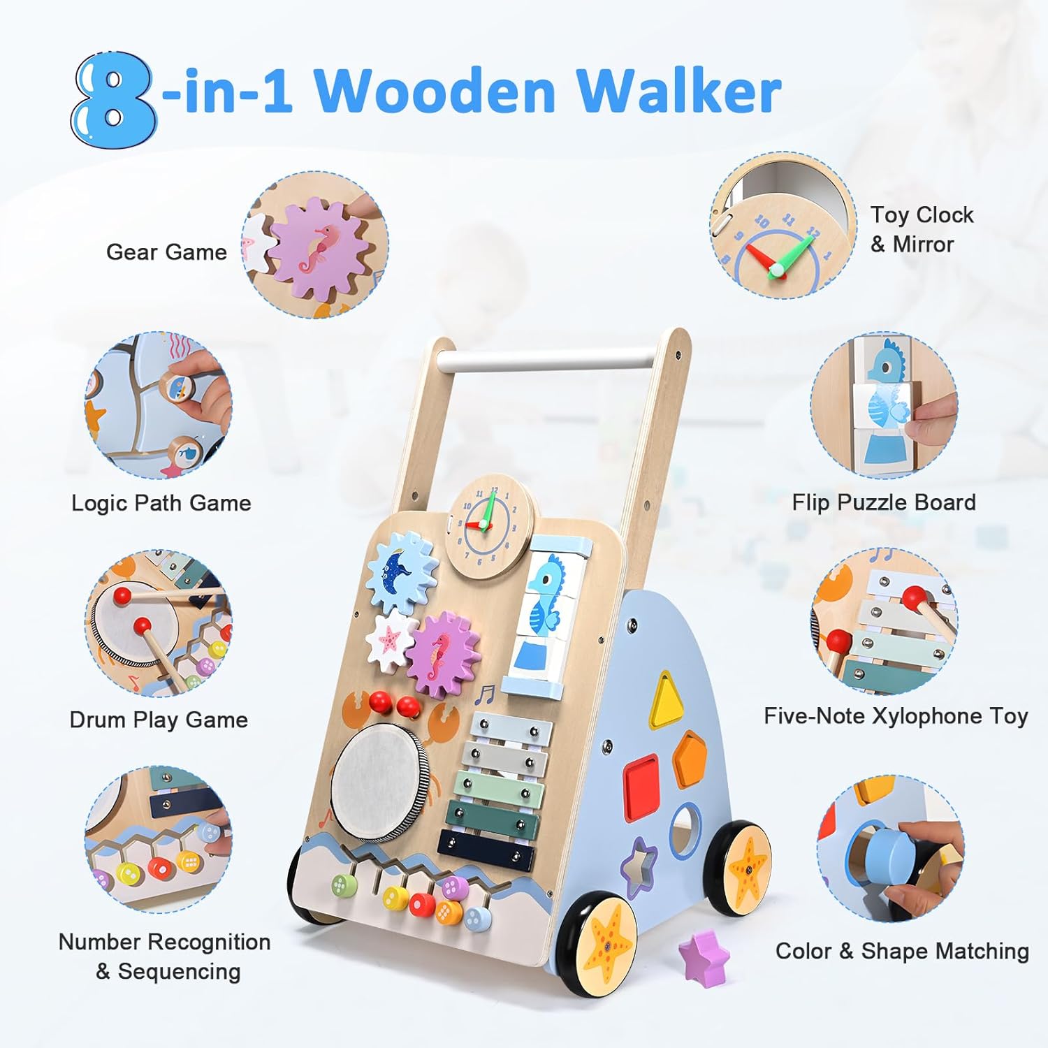 Montessori Lauflernwagen Holz Baby Motorikwagen mit Trommel und Xylophon