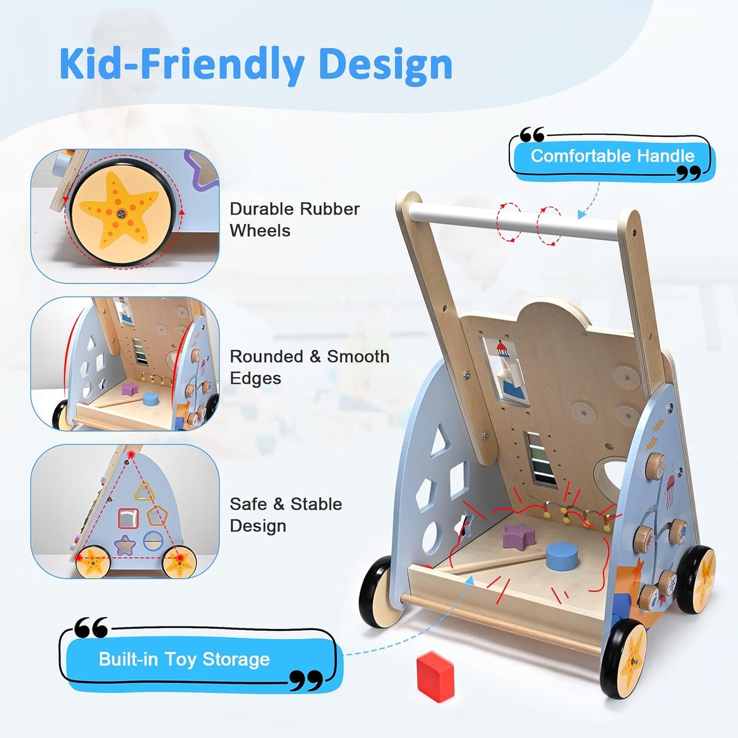 Montessori Lauflernwagen Holz Baby Motorikwagen mit Trommel und Xylophon