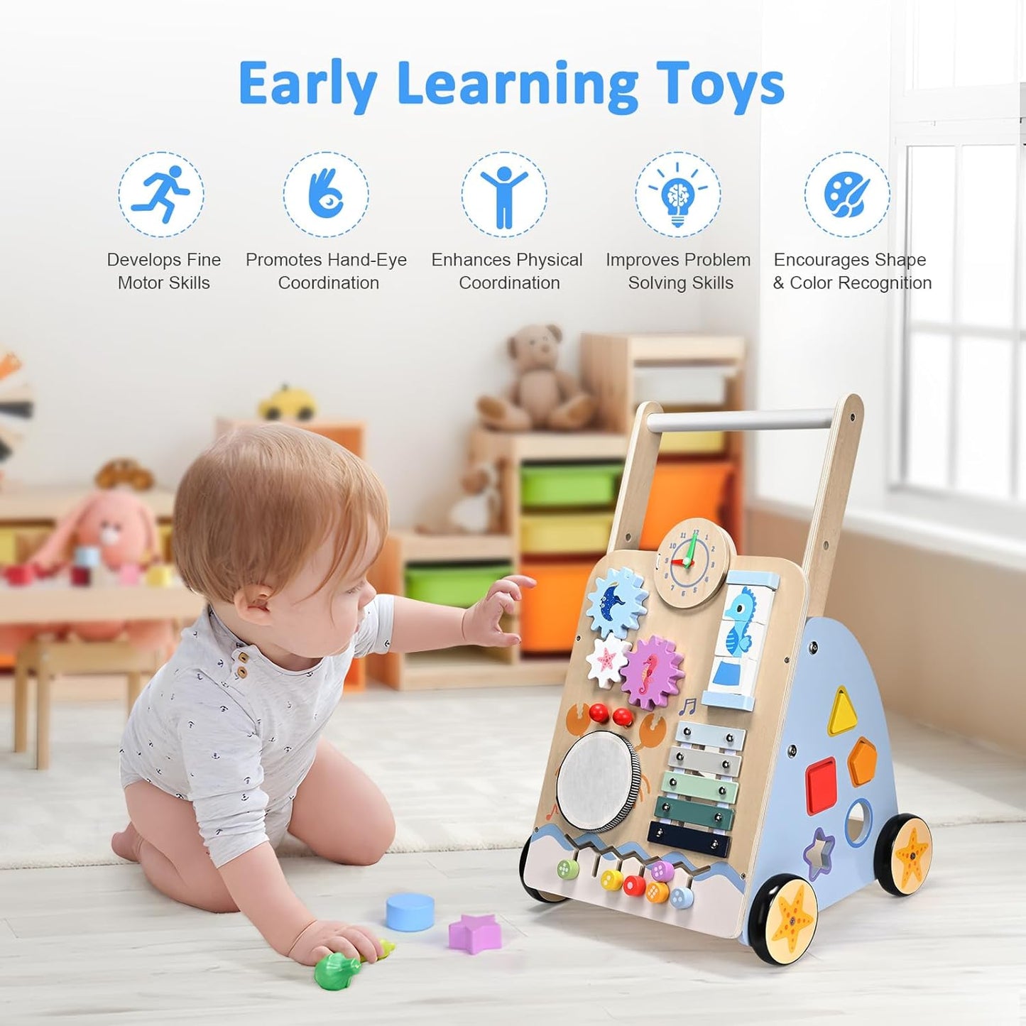 Montessori Lauflernwagen Holz Baby Motorikwagen mit Trommel und Xylophon