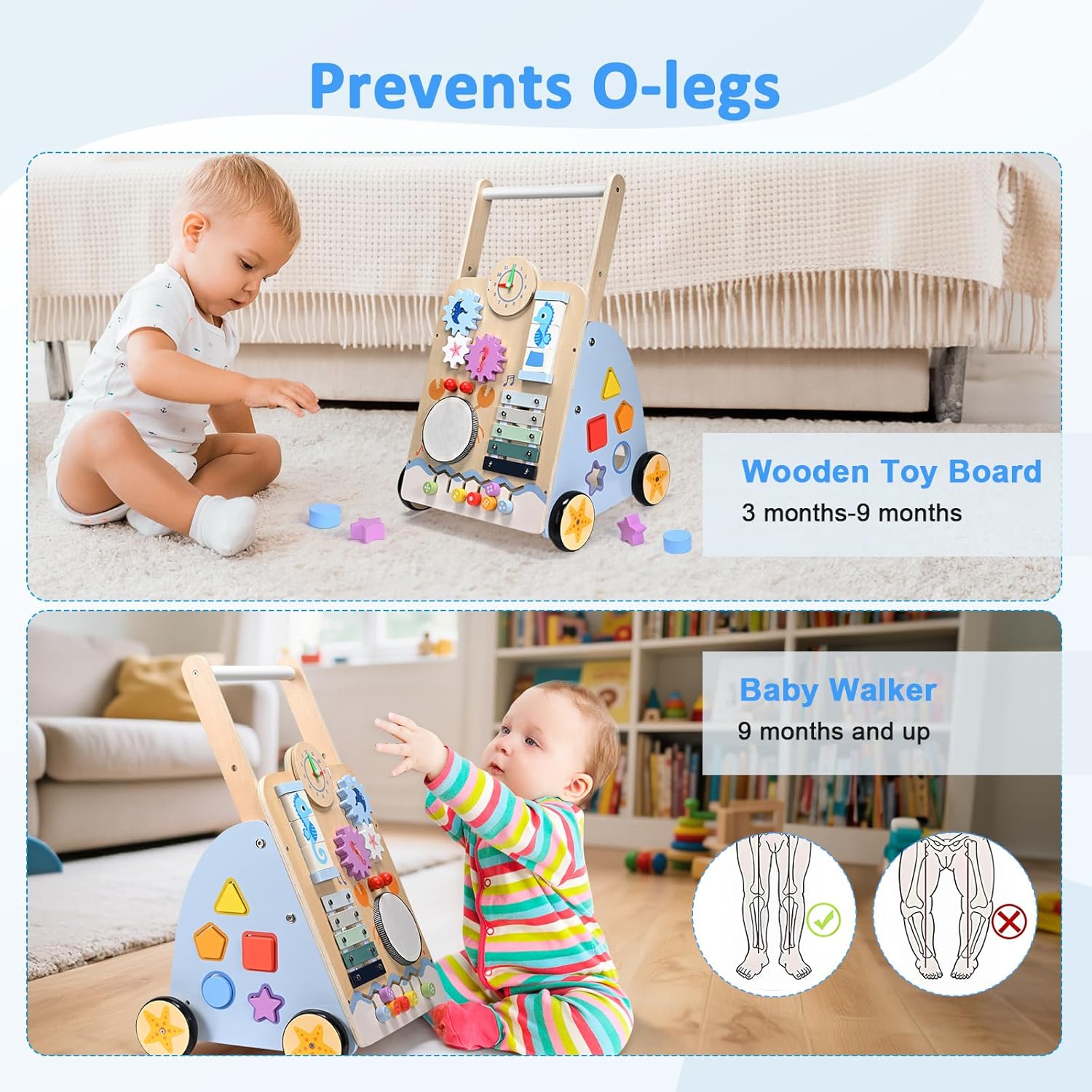 Montessori Lauflernwagen Holz Baby Motorikwagen mit Trommel und Xylophon