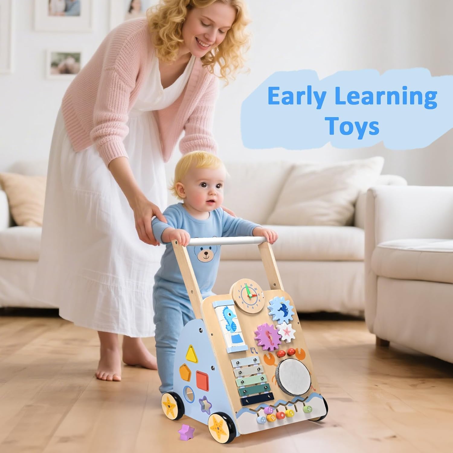 Montessori Lauflernwagen Holz Baby Motorikwagen mit Trommel und Xylophon