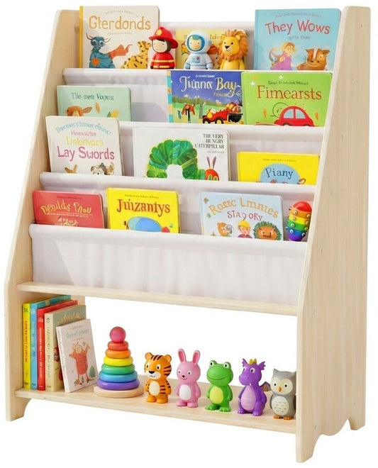 Kinder Bücherregal mit sichtbaren Bilderbüchern und Stofffächern