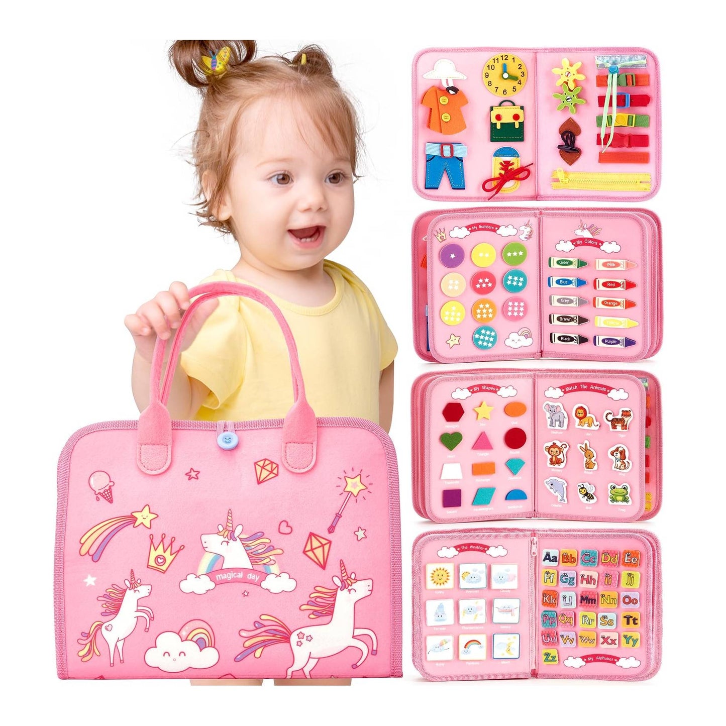 Montessori Busy Board/Quiet Book, 8 Pages – Unicorn